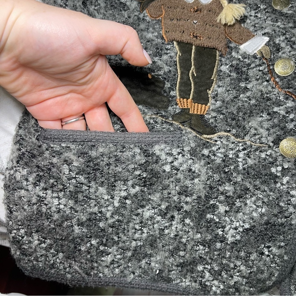 Moffi Vintage Grey Wool Blend Winter Native Scene Embroidered Button Jacket L - Picture 10 of 12